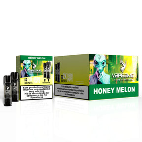 Confezione da 10 scatole di capsule Vapeame Honey Melon, cialde vaporizzabili al gusto di melone dolce con sistema 2x800 puff (fino a 1600 tiri), presentato nella sua scatola originale.