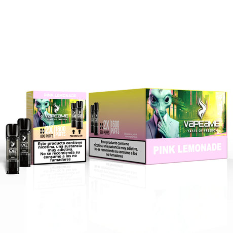 Pack de 10 cajas de cápsulas Vapeame Pink Lemonade, pods para vape sabor limonada rosa con notas cítricas y dulces, compatibles con dispositivos Vapeame, presentadas en su caja original.