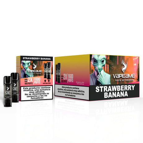 Pack de 10 cajas Vapeame Strawberry Banana, vapers desechables sabor fresa y plátano con sistema 2x800 puffs (1600 caladas en total), dispositivos compactos con diseño negro y presentación en caja original.