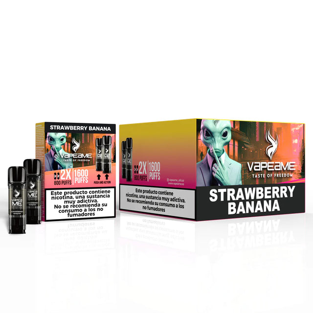 Pack de 10 cajas Vapeame Strawberry Banana, vapers desechables sabor fresa y plátano con sistema 2x800 puffs (1600 caladas en total), dispositivos compactos con diseño negro y presentación en caja original.