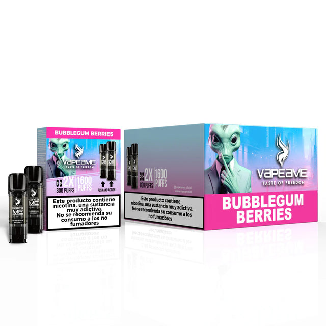 Pack de 10 cajas de cápsulas Vapeame Bubblegum Berries, pods para vape sabor chicle con mezcla de frutos rojos dulces, sistema 2x800 puffs (hasta 1600 caladas), presentadas en su caja original.