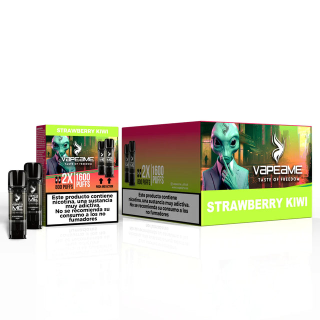 Pack de 10 cajas de cápsulas Vapeame Strawberry Kiwi, pods para vape sabor fresa y kiwi con mezcla dulce y ligeramente ácida, sistema 2x800 puffs (hasta 1600 caladas), presentadas en su caja original.