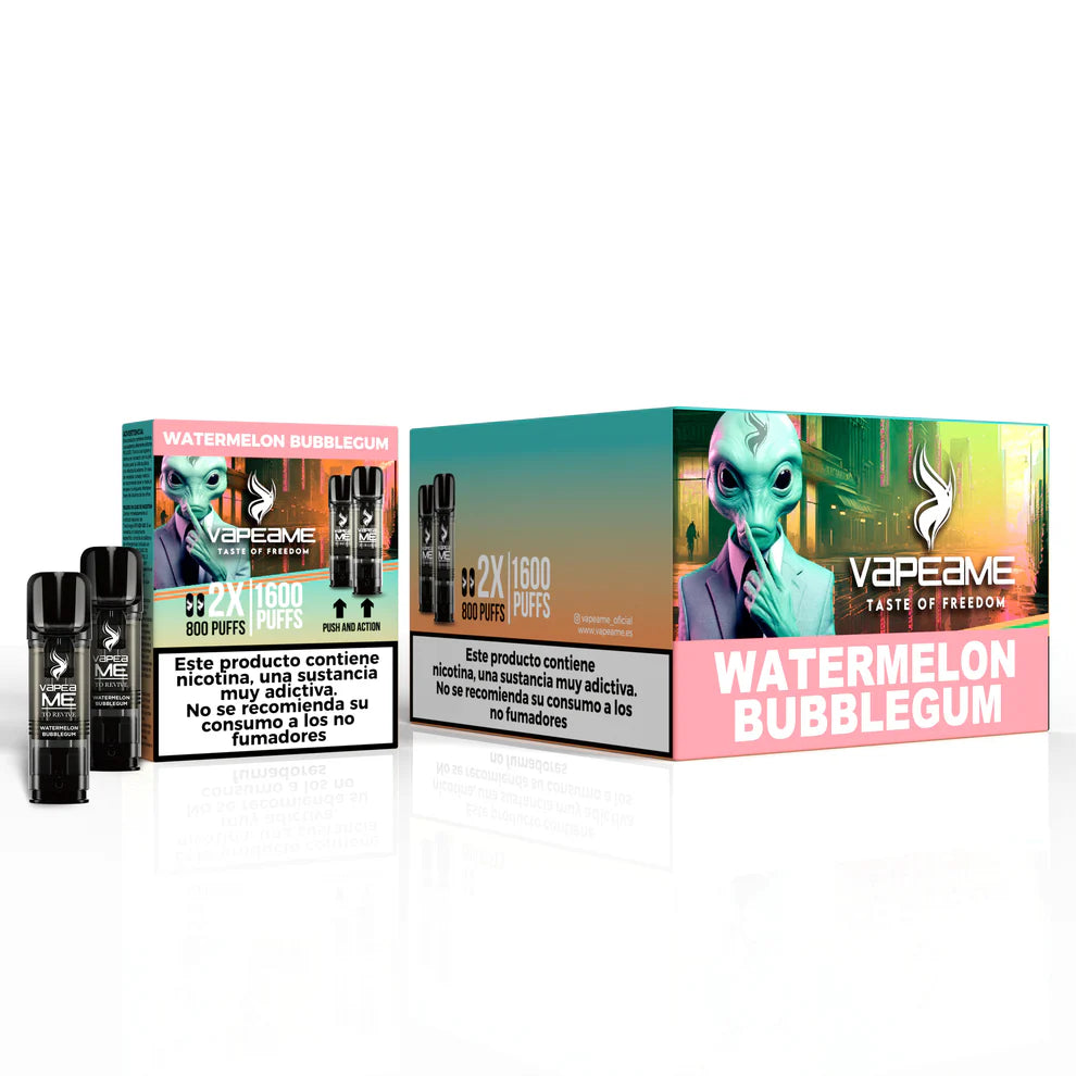 Pack de 10 cajas de cápsulas Vapeame Watermelon Bubblegum, pods para vape sabor sandía con toque de chicle dulce, sistema 2x800 puffs (hasta 1600 caladas), presentadas en su caja original.