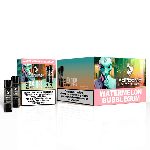Pack de 10 cajas de cápsulas Vapeame Watermelon Bubblegum, pods para vape sabor sandía con toque de chicle dulce, sistema 2x800 puffs (hasta 1600 caladas), presentadas en su caja original.