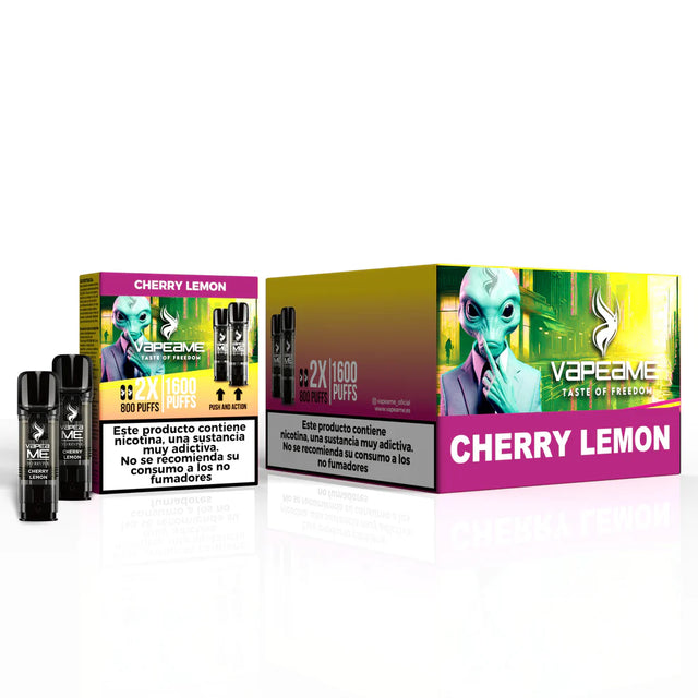 Pack de 10 cajas de cápsulas Vapeame Cherry Lemon, pods para vape sabor cereza y limón con combinación dulce y cítrica, sistema 2x800 puffs (hasta 1600 caladas), presentadas en su caja original.