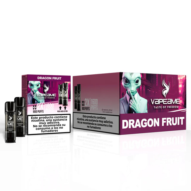 Pack de 10 cajas de cápsulas Vapeame Dragon Fruit, pods para vape sabor fruta del dragón con perfil tropical y dulce, sistema 2x800 puffs (hasta 1600 caladas), presentadas en su caja original.