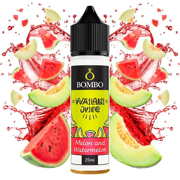 Botella de sales de nicotina Wailani Juice by Bombo Melon and Watermelon de 10 ml, con diseño tropical y colorido, que representa un sabor afrutado de melón y sandía con una mezcla refrescante y equilibrada.