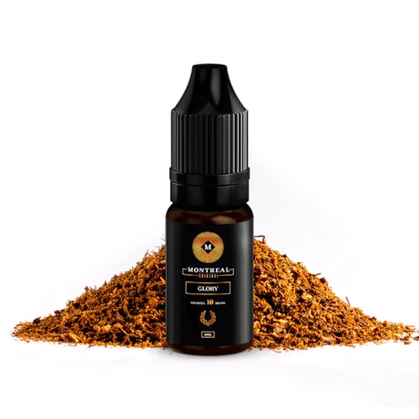 Montreal Glory nicotine salts liquid 10ml, bottle with a design in dark tones, accompanied by tobacco notes that represent its flavor.