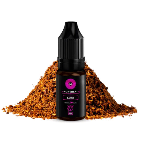 Montréal Lasso 10ml liquide aux sels de nicotine, flacon au design dans les tons marron, accompagné de notes de tabac qui représentent sa saveur.