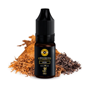 Montréal Oasis 10ml liquide aux sels de nicotine, flacon au design dans des tons foncés, accompagné de feuilles de tabac qui représentent sa saveur douce aux nuances exotiques.