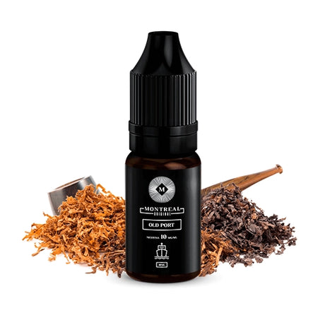Vieux-Port de Montréal liquide aux sels de nicotine 10ml, flacon foncé au design élégant, accompagné de feuilles de tabac claires et foncées qui représentent sa saveur.
