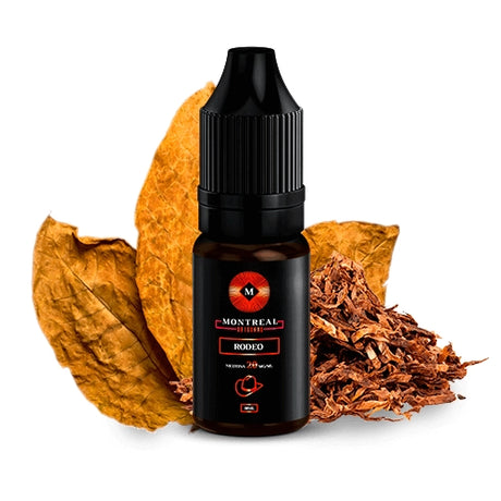 Montreal Rodeo 10ml liquide aux sels de nicotine, flacon foncé au design élégant, accompagné de feuilles de tabac séchées et de bouchées de tabac qui représentent sa saveur intense.