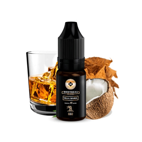 Montreal Villa Maria liquido ai sali di nicotina da 10 ml, bottiglia scura dal design elegante, accompagnata da foglie di tabacco, cocco e un bicchiere da bevanda tipo whisky che ne rappresentano il sapore.