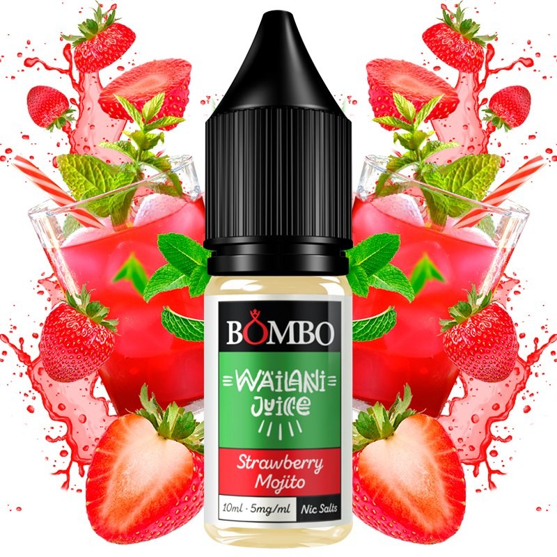 Bottiglia di sali di nicotina da 10ml Wailani Juice by Bombo Strawberry Mojito, con un design tropicale e colorato, che rappresenta un sapore fresco di mojito con fragola, lime e un tocco di menta.