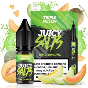 liquide de vapotage Juicy Salts Triple Melon 10ml, avec un flacon noir de sels de nicotine accompagné de sa boîte, design dans les tons verts et fruits de melon (cantaloup, melon vert) autour.