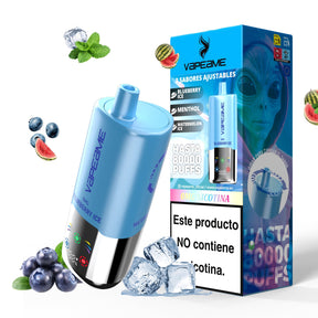 Disposable Vape Nicotine Free Vapeame in blue. 3 adjustable flavors: blueberry ice, menthol and watermelon ice.