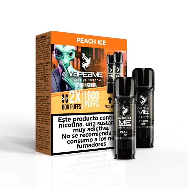 Vapeame To Revive Cápsulas Peach Ice 20mg 1600 puffs (2x800) pack de 2 dispositivos color naranja.