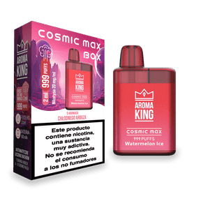 Disposable Vape Aroma King Cosmic Box Watermelon Ice 20 mg/ml, compact device of 999 puffs with 2 ml of mentholated watermelon flavor e-liquid, gradient red design accompanied by its original box.