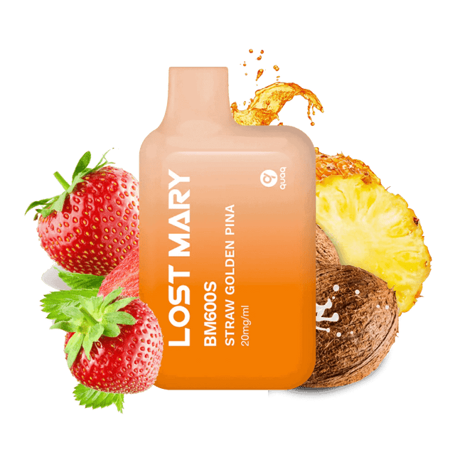 Vaper desechable Lost Mary BM600s Straw Golden Piña 20 mg/ml, dispositivo compacto con hasta 600 puffs y e-liquid sabor mezcla de fresa y piña dorada con perfil dulce y tropical, diseño ergonómico con boquilla integrada y presentación visual inspirada en frutas que representan el sabor del producto.