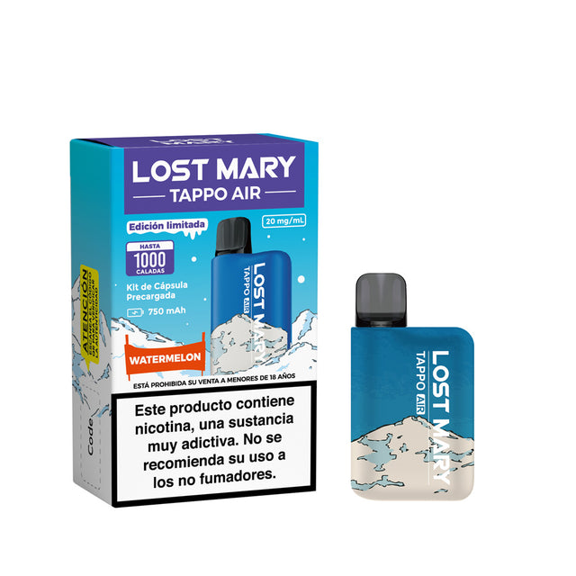 Vaper Lost Mary Tappo Air Watermelon (Edición Especial): dispositivo recargable con cápsula precargada que ofrece un sabor sandía dulce y jugosa, con un toque refrescante, en una edición limitada con diseño exclusivo.
