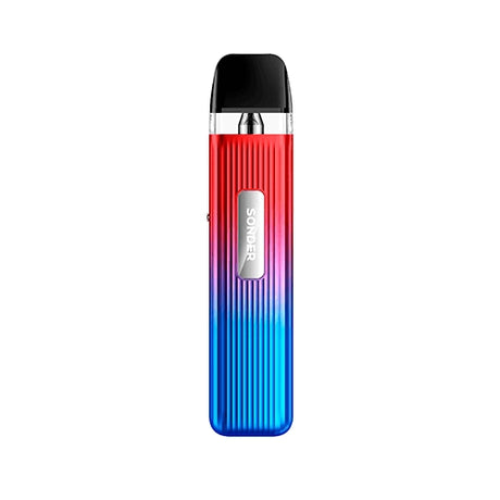 Sigaretta Elettronica Ricaricabile Geekvape Kit Pod Sonder Q con design sfumato nei toni del rosso e del blu, finitura testurizzata, indicatore frontale e cartuccia trasparente superiore con bocchino nero integrato.