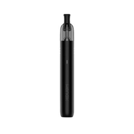 Sigaretta Elettronica Ricaricabile Geekvape Kit pod Wenax M1 in nero con design compatto a stick, indicatore LED anteriore e cartuccia trasparente superiore con bocchino nero integrato.