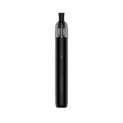 Vaper recargable Geekvape Wenax M1 Pod Kit en color negro con diseño compacto tipo stick, indicador LED frontal y cartucho transparente superior con boquilla negra integrada.