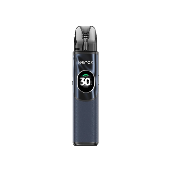 Sigaretta Elettronica Ricaricabile Geekvape Kit Pod Wenax Q2 in blu navy dal design compatto, schermo frontale circolare che mostra la potenza e cartuccia trasparente superiore con bocchino integrato.