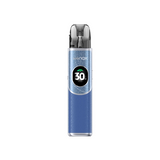 Sigaretta Elettronica Ricaricabile Geekvape Kit Pod Wenax Q2 di colore azzurro dal design compatto, schermo frontale circolare che mostra la potenza e cartuccia trasparente superiore con bocchino integrato.