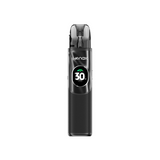 Sigaretta Elettronica Ricaricabile Geekvape Kit Pod Wenax Q2 in nero dal design compatto, schermo frontale circolare che mostra la potenza e cartuccia trasparente superiore con bocchino integrato. 