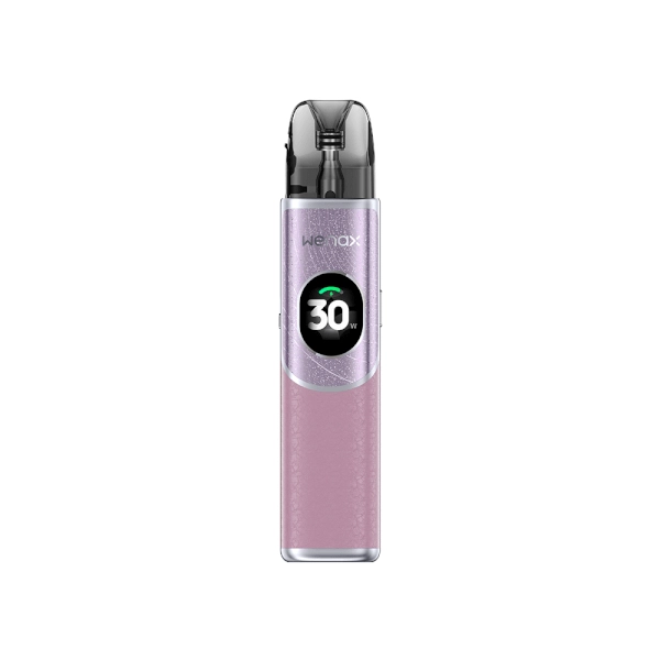 Sigaretta Elettronica Ricaricabile Geekvape Kit Pod Wenax Q2 in viola dal design compatto, schermo frontale circolare che mostra la potenza e cartuccia trasparente superiore con bocchino integrato.