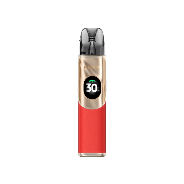 Sigaretta Elettronica Ricaricabile Geekvape Kit Pod Wenax Q2 in rosso dal design compatto, schermo frontale circolare che mostra la potenza e cartuccia trasparente superiore con bocchino integrato.
