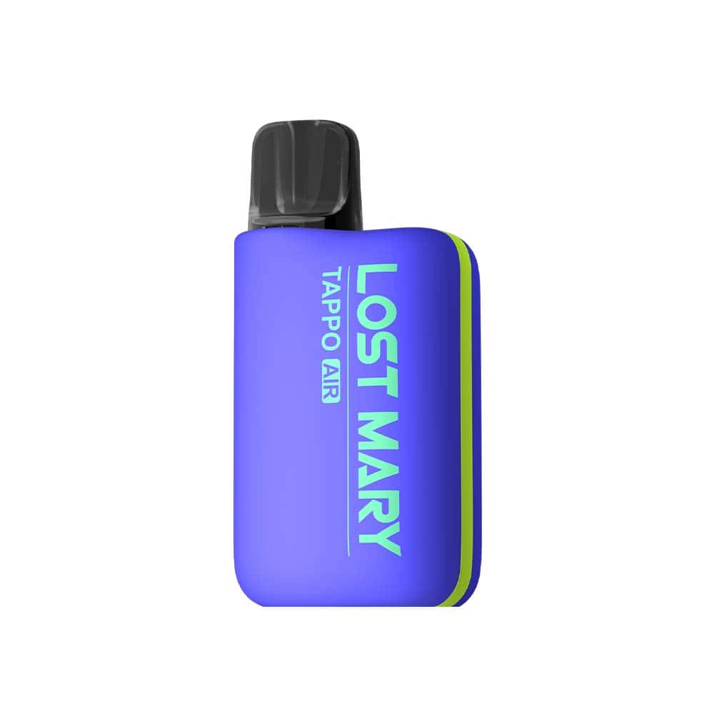 vapoteur rechargeable Lost Mary Tappo Air Lemon Lime, un appareil compact de type pod avec batterie rechargeable et système de capsules interchangeables, un mélange de saveur de citron et de citron vert avec un profil d'agrumes et rafraîchissant, un design ergonomique en bleu avec des détails verts et un embout intégré dans un format portable facile à utiliser.