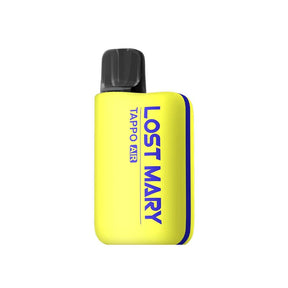 Vaper recargable Lost Mary Tappo Air Pineapple Ice, dispositivo tipo pod compacto con batería recargable y sistema de cápsulas intercambiables, sabor piña tropical con toque mentolado refrescante, diseño ergonómico en color amarillo con boquilla integrada y formato portátil fácil de usar.