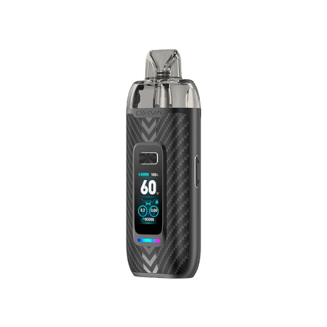 Vaper recargable Oxva VPrime Kit en color negro con acabado degradado, pantalla digital frontal que muestra potencia y batería, y boquilla transparente en la parte superior.