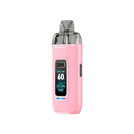 Vaper recargable Oxva VPrime Kit en color rosado, pantalla digital frontal que muestra potencia y batería, y boquilla transparente en la parte superior.