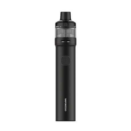 Rechargeable vape Vaporesso GTX GO80 in black with cylindrical tube-type design, central button, upper transparent tank and integrated black mouthpiece.