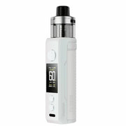 Vaper recargable Voopoo Drag S2, con diseño elegante en color blanco, cuerpo ergonómico con acabado en cuero, pantalla frontal que muestra potencia y batería, y tanque superior transparente para vapeo directo a pulmón.