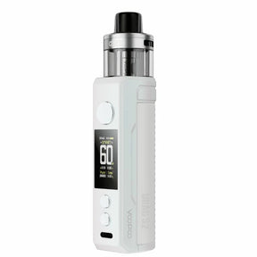 Sigaretta Elettronica Ricaricabile Voopoo Drag S2, dall'elegante design bianco, corpo ergonomico con finitura in pelle, schermo frontale che mostra alimentazione e batteria, e serbatoio superiore trasparente per lo svapo polmonare diretto.
