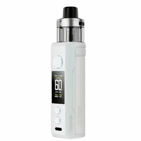 vapoteur rechargeable Voopoo Drag S2, avec un design blanc élégant, un corps ergonomique avec finition en cuir, un écran avant qui affiche l'alimentation et la batterie, et un réservoir supérieur transparent pour le vapotage direct des poumons.