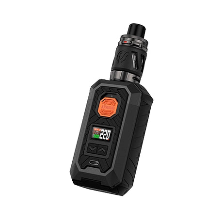 Rechargeable vape Vaporesso Armour Max Kit in black with a robust mod-type design, digital front screen, orange central button and top tank with black mouthpiece.