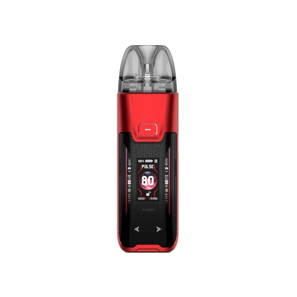 Sigaretta Elettronica Ricaricabile Vaporesso Luxe XR Kit Max 2 Pod in rosso e nero, con schermo frontale a colori che mostra potenza e modalità di utilizzo, pulsante superiore e cartuccia trasparente sulla parte superiore.