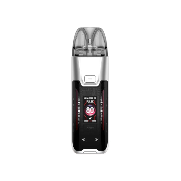 Sigaretta Elettronica Ricaricabile Vaporesso Luxe XR Kit Max 2 Pod in argento e nero, con schermo frontale a colori che mostra potenza e modalità di utilizzo, pulsante superiore e cartuccia trasparente sulla parte superiore.
