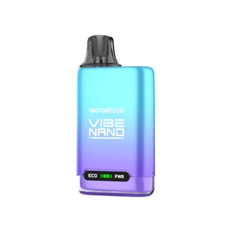 Sigaretta Elettronica Ricaricabile Vaporesso Kit Vibe Nano Pod in viola sfumato con design compatto, indicatore ECO e PWR anteriore e cartuccia superiore con bocchino nero integrato.