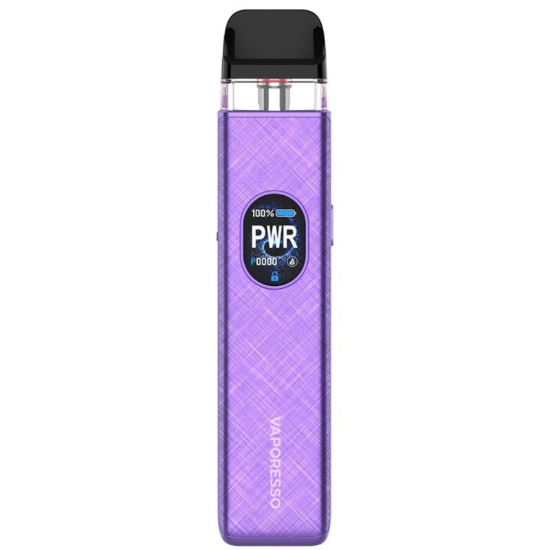 Sigaretta Elettronica Ricaricabile Vaporesso Xros Kit da 5 pod in viola con finitura testurizzata, schermo frontale circolare con indicatore di alimentazione e batteria e parte superiore della cartuccia trasparente con bocchino nero.