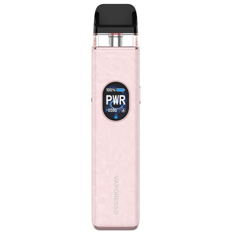 Sigaretta Elettronica Ricaricabile Vaporesso Xros Kit 5 Pod in rosa con finitura testurizzata, schermo frontale circolare con indicatore di alimentazione e batteria e cartuccia superiore trasparente con bocchino nero.