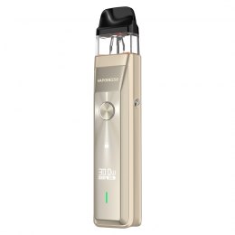 Sigaretta Elettronica Ricaricabile Vaporesso Xros Kit Pro Pod in colore oro dal design moderno, schermo frontale che mostra alimentazione e batteria, pulsante circolare centrale e cartuccia trasparente superiore con bocchino nero.