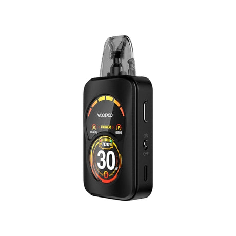 vapoteur rechargeable Voopoo Argus Un Pod Kit noir, au design compact et carré, écran avant circulaire avec indicateurs d'alimentation et de batterie, éclairage LED dynamique et cartouche supérieure transparente avec embout intégré.
