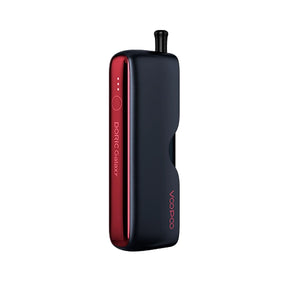 vapoteur rechargeable Voopoo Doric Galaxy Kit noir et rouge, au design compact et ergonomique, finition lisse, embout de type filtre sur le dessus et indicateurs latéraux de batterie à LED.
