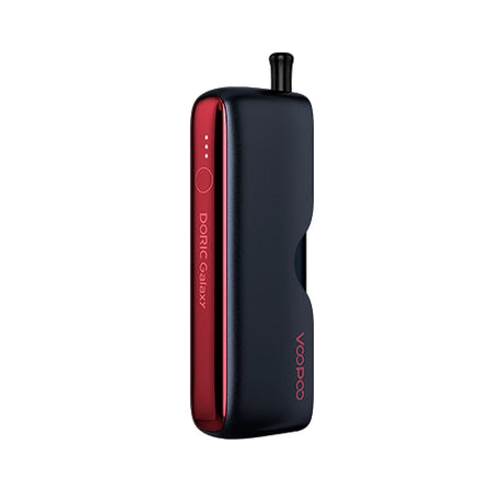 vapoteur rechargeable Voopoo Doric Galaxy Kit noir et rouge, au design compact et ergonomique, finition lisse, embout de type filtre sur le dessus et indicateurs latéraux de batterie à LED.